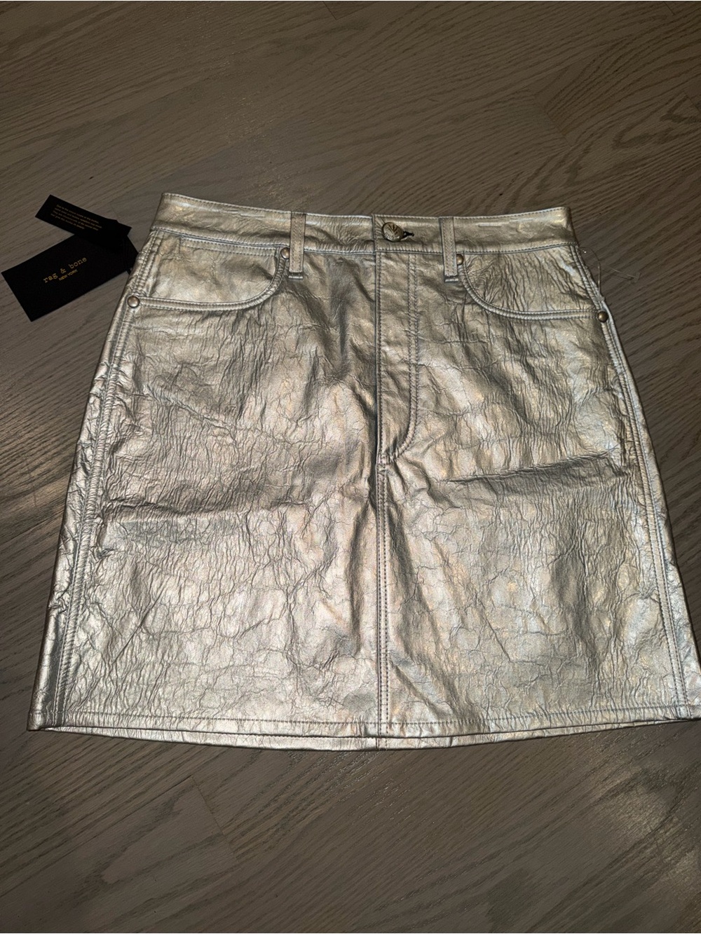 rag & bone Leather Metallic Silver Mini Skirt